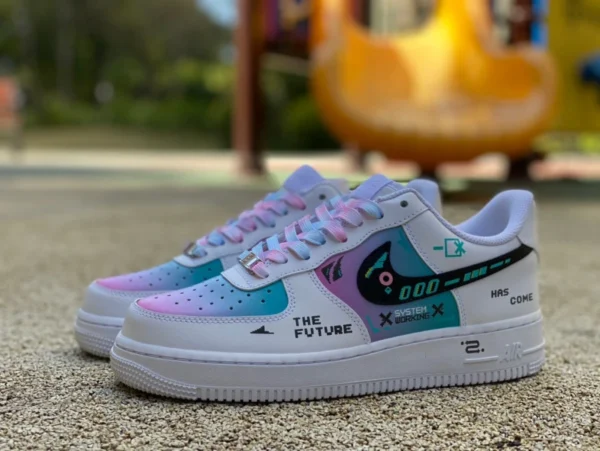 AF1 Videospiel weiß lila blau niedrig angepasste Version von Nike Air Force 1 Cyberpunk End Game Nummer eins Spieler Videospiel Pixel Low-Top-Sneaker weiß lila blau hu6395-756