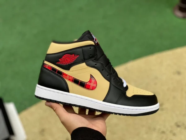 aj1mid schwarz braun rot reines Original Air Jordan 1 Mid AJ1 schwarz braun rot karierter Swoosh Mid-Top DZ5329-001