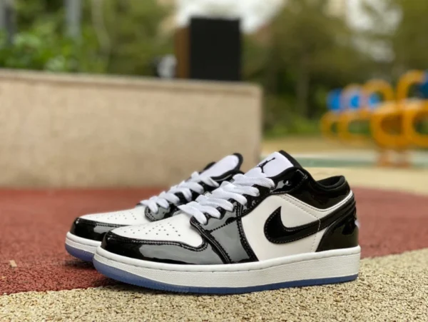 aj1 Low-Top-Basketballschuhe aus schwarzem und weißem Lackleder Air Jordan 1 Low AJ1 Low-Top-Basketballschuhe aus schwarzem und weißem Lackleder mit Kristallboden DV1309-100