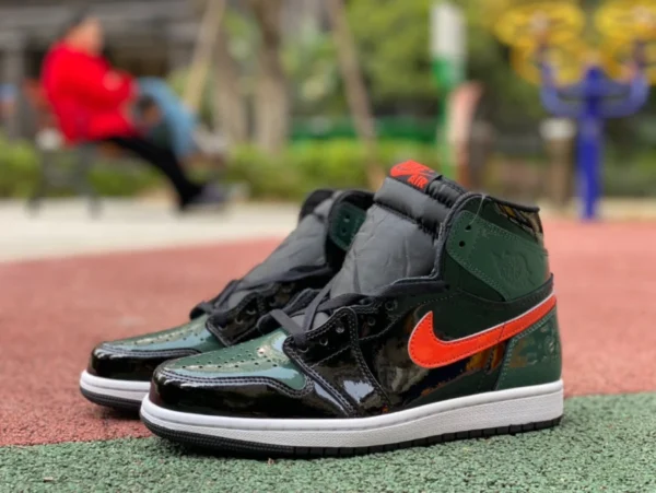 aj1 Miami schwarz grün orange Lackleder Air Jordan 1 AJ1 solefly Miami schwarz grün orange Lackleder AV3905-038