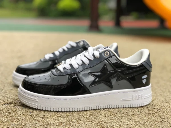 Apeman schwarzes und graues Lackleder neue Version BAPE STA SK8 neue Sneakers Star Freizeitschuhe Apeman Low-Top-Sportschuhe