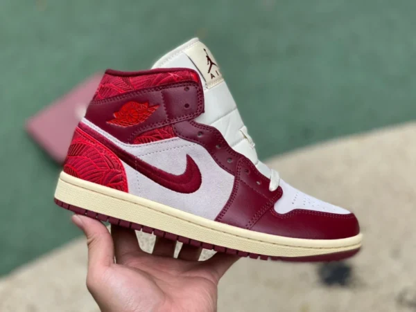 aj1mid weiß-rote Blätter reines Original Air Jordan 1 WMNS Tiki Leaf AJ1 weiß-rote Blätter lässige High-Top-Sneaker für Herren und Damen DZ2820-60