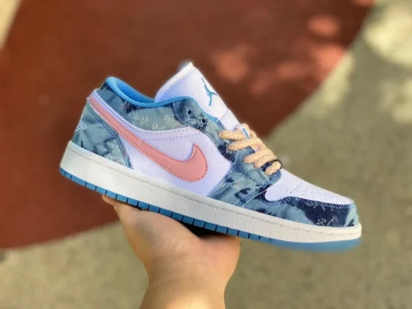 aj1 Denim weiß und blau rosa Haken Air Jordan 1 Low AJ1 gewaschener Denim weiß und blau Low Top DM8947-100