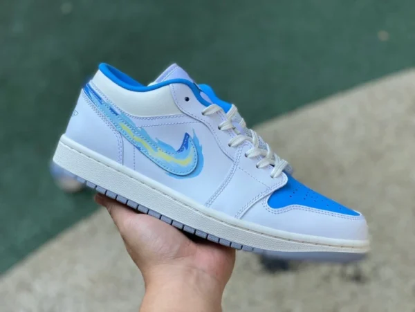 aj1 weißer und blauer handbemalter Haken reiner originaler Air Jordan 1 Low AJ1 weiß und blauer Low-Top-Retro-Basketballschuh FJ7219-441