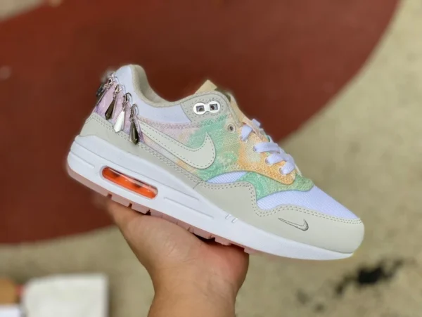 Max1 87 Off-White-Grün-Rosa-Kette NIKE Air Max 1 '87 Damen-Lauf-Freizeitsportschuhe FJ7734-101