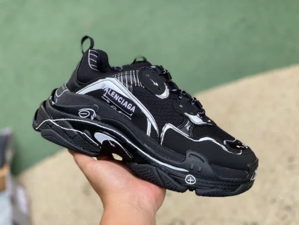 Balenciaga schwarzes Graffiti Balenciaga Balenciaga Triple S schnürbare modische Low-Top-Dad-Schuhe Herren schwarz zweidimensional 536737W3SRB1090