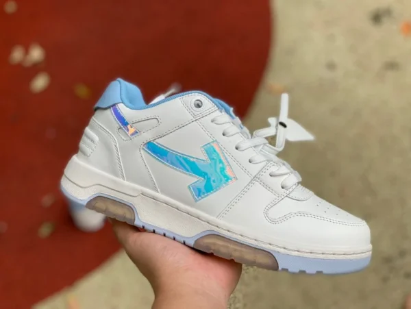 OW weiße und blaue Laser-OFF-WHITE-Low-Top-Schnürschuhe aus Ofhce-Leder mit runder Zehenpartie