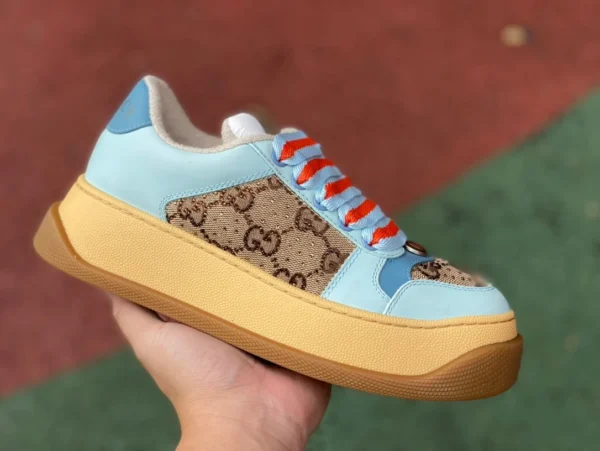 Gucci dickbesohlte, mollige, blaubraune, reine originale GUCCI Gucci Screener mollige, modische Schnürsneaker aus GG-Canvas mit dicken Sohlen aus Leder für Damen