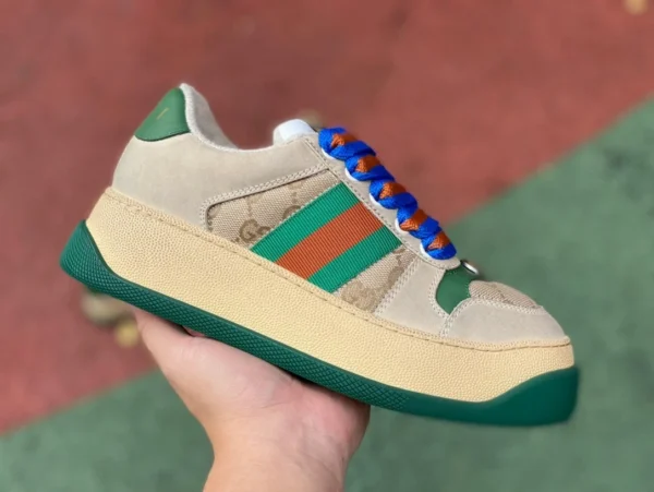 Gucci dickbesohlte mollige reisgraue grüne reine originale GUCCI Gucci Screener mollige Mode-Schnürsneaker aus GG-Canvas mit dickbesohlten Schnürsenkeln