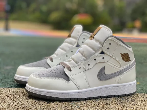 aj1Mid Beige Weiß Grau Pure Original Air Jordan 1 Mid AJ1 Damen Samtnähte Chinesische Retro-Basketballschuhe Turnschuhe FB9899-100