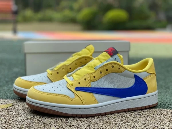 aj1 Barb Low-Top, Sonderedition in Weiß, Gelb und Blau, hergestellt von LJR Travis Scott x Air Jordan 1 Low „Canary“ 8.0 Barb Low-Top