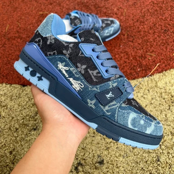 Low-Top-Low-Top-Schnürsneaker „Trainer“ von G Pure Original LV aus schwarzem Denim-Blau aus Leder mit Schnürung