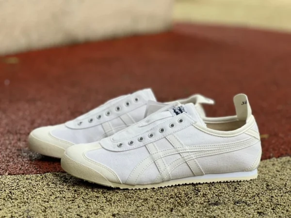 Onitsuka Tiger schnürsenkelloser, reinweißer Onitsuka Tiger MEXICO 66 Low-Top aus Stoff und Kunstleder zum Hineinschlüpfen